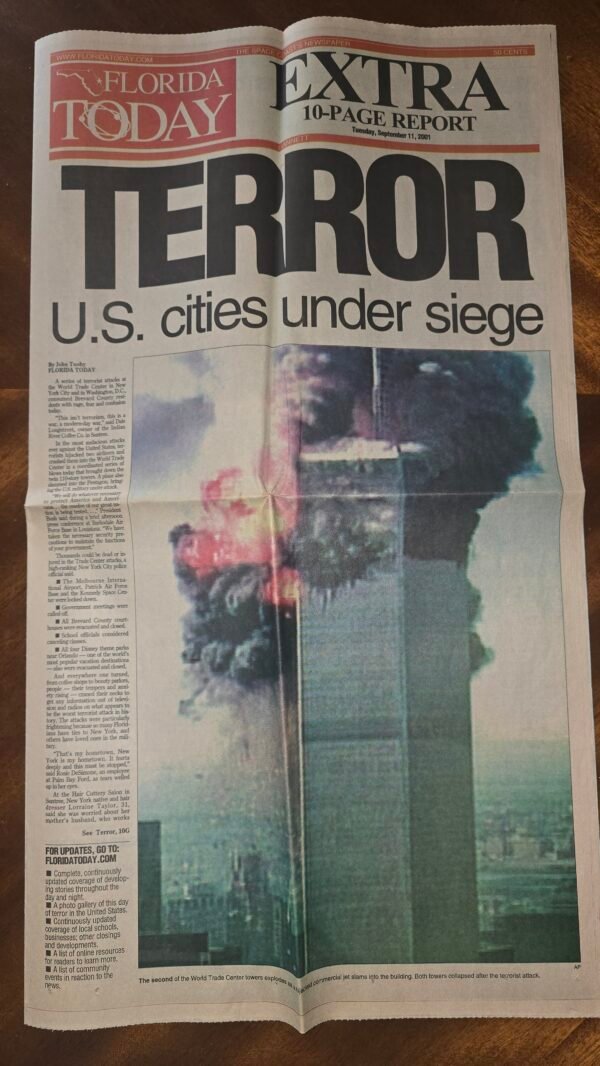20260720_120450 Rare "Extra" afternoon edition of Florida Today, printed and distributed on Tuesday, September 11, 2001—the same day as the 9/11 attacks.